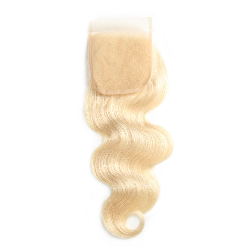 One Donor Bleach Knots Raw Virgin Human Hair Weaving Loose Deep Body Wave 613 Blonde 4X4 Lace Closure