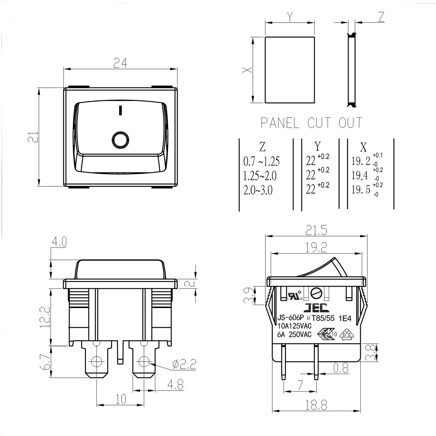 JEC JS-606PA-Q-BB-3H Square Black 4 Pins Single Pole Double Throw Rocker Switch 6A 250V/10A 125V