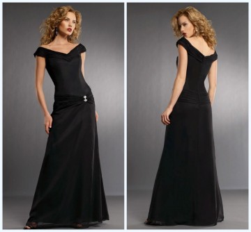 Off the Shoulder Full Length Chiffon Black Evening Dress HA-159