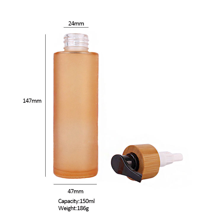 150ml empty refillable frosted glass lotion bottle cosmetic bottle with wooden cover and pump