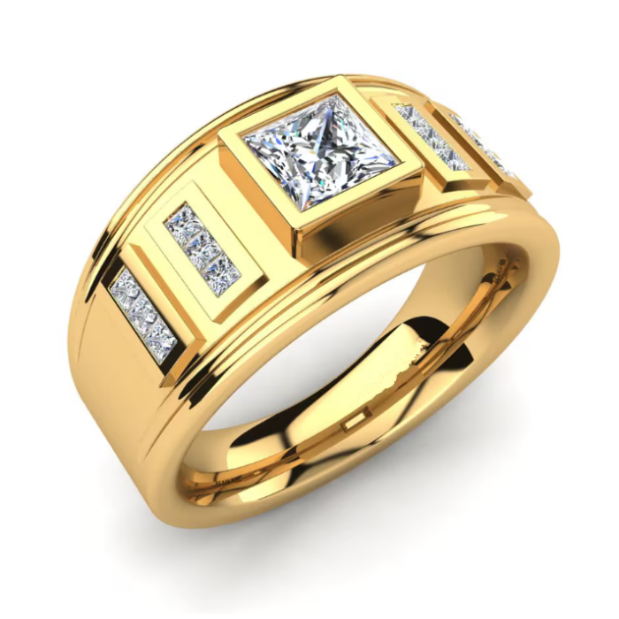 Anillo para hombre con diamantes de laboratorio de talla princesa de 18 quilates y cuatro barras escalonadas para los hombros, vista de tres cuartos