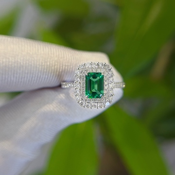 18K Lab Emerald Engagement Ring Double Halo Custom