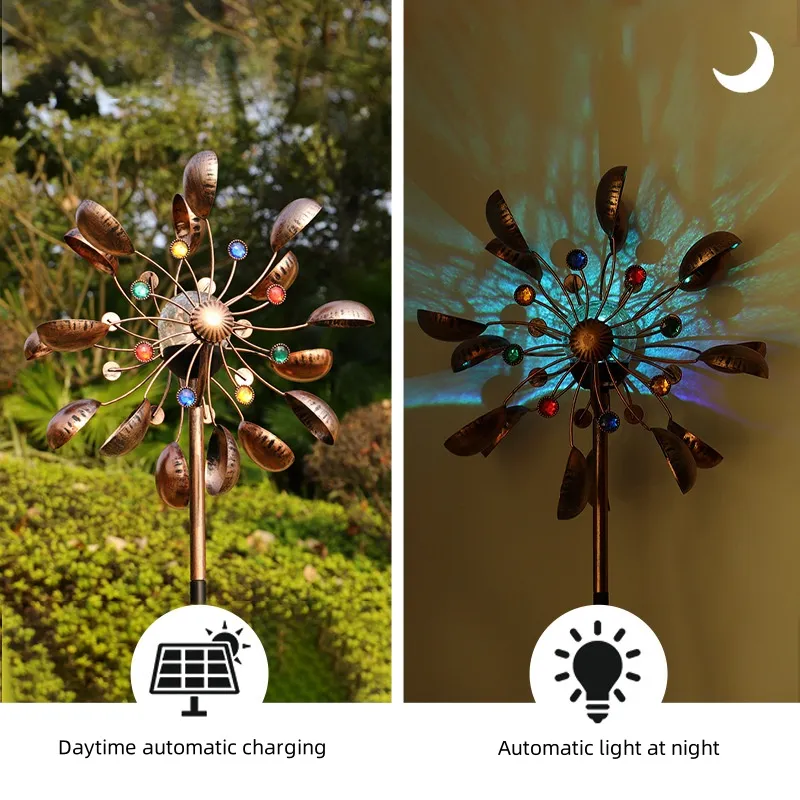 Colorful Solar Wind Spinner Outdoor Metal for Garden Decor Lamp