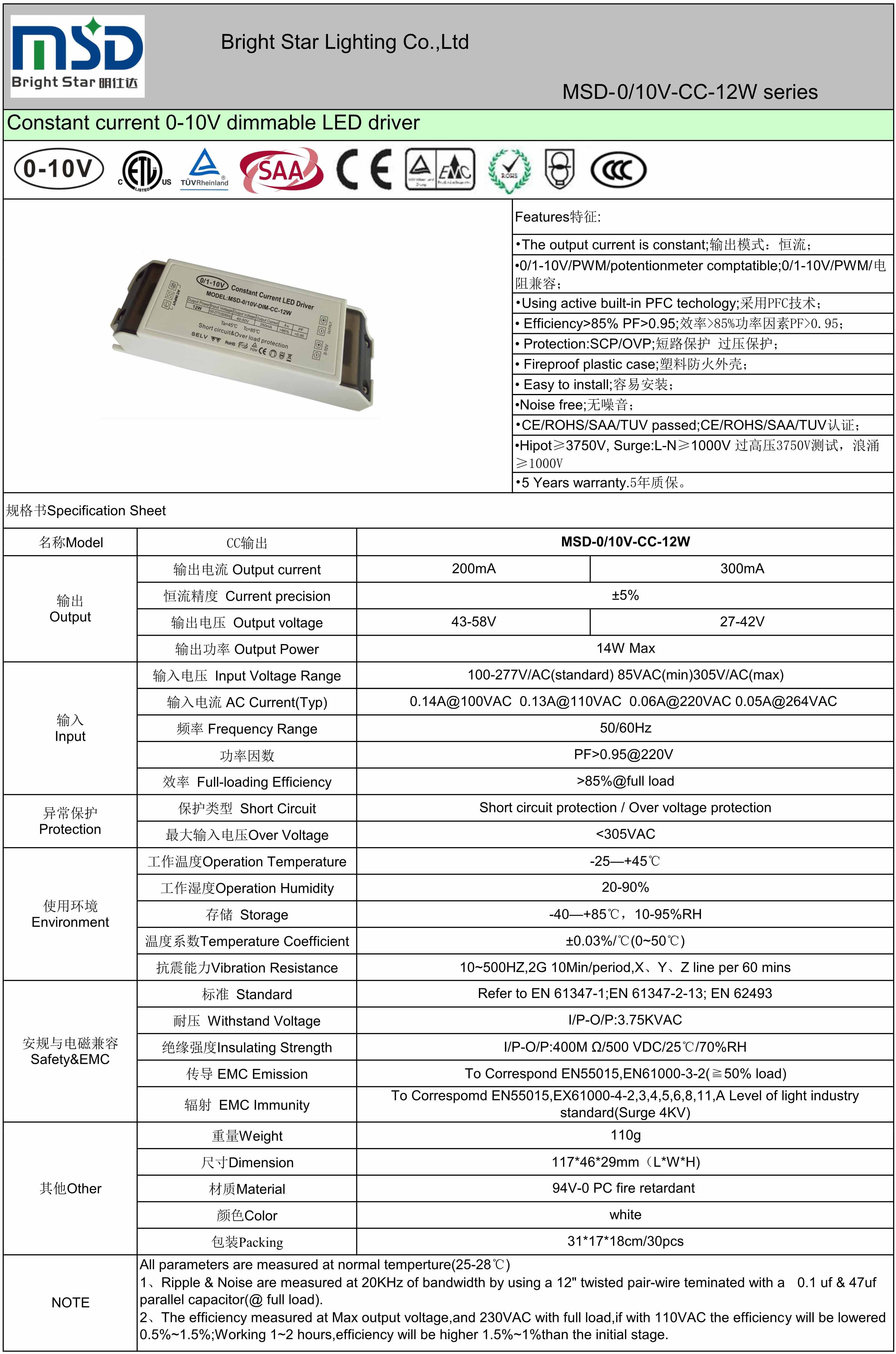 12W 350mA 500mA 700mA PC shell IP40 no flicker PF>0.95 efficiency>88% indoor dimmer 0-10V pwm dimmable led driver power supply