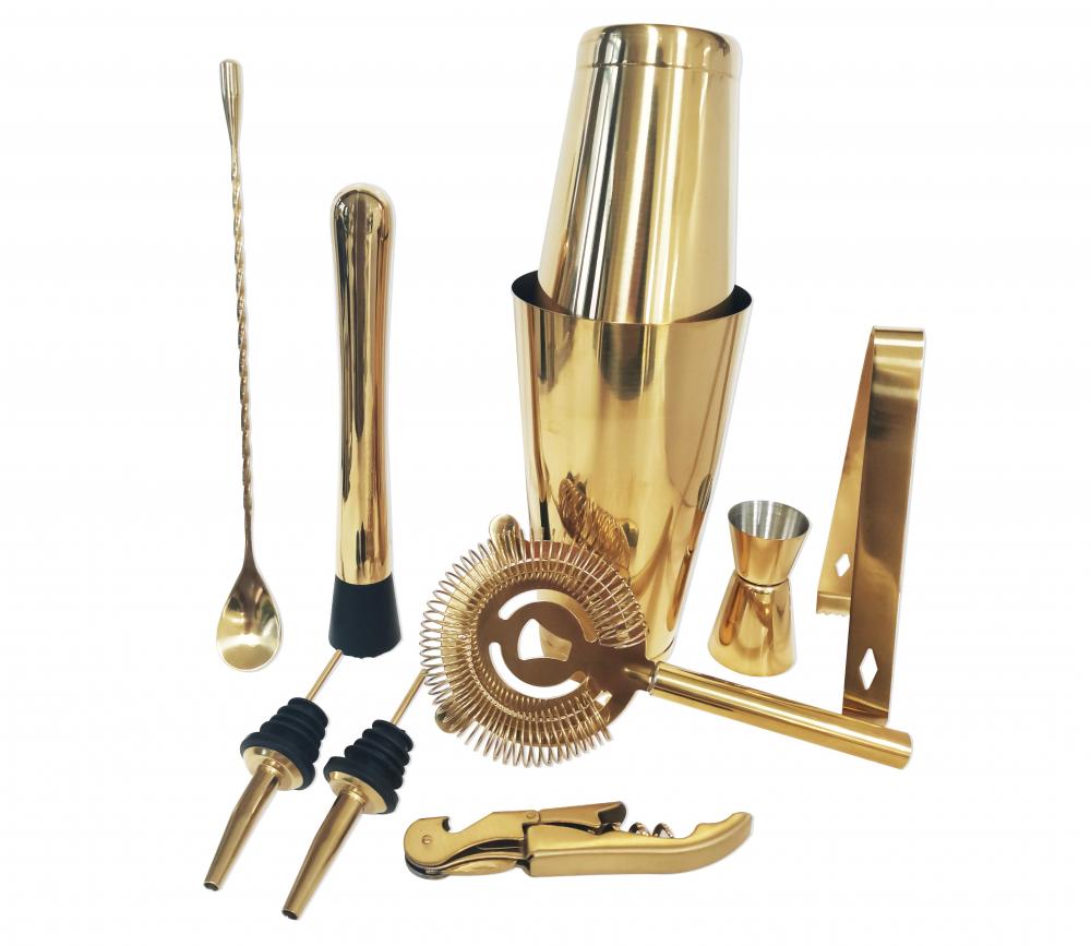 High Quality Unique Custom Logo Perfect Home Bar Gold color Plated Stainless Steel Bar tools Bartender Kit