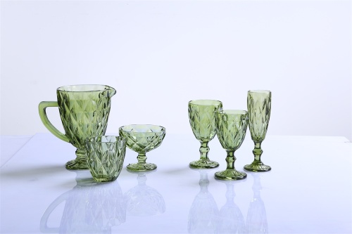 Hand Pressed Green Solid Color Water Glass Cup Set of 6 Goblet Glass