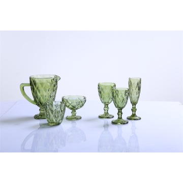 Hand Pressed Green Solid Color Water Glass Cup Set of 6 Goblet Glass