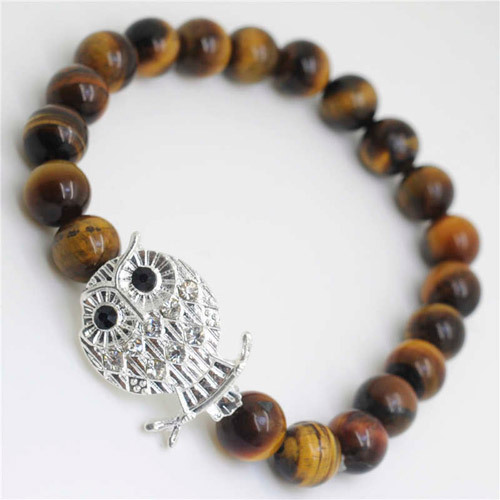 Yellow Tiger eye Gemstone Bracelet with Diamante alloy Owl Piece