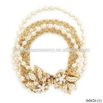 Five Strand Baroque Pearl Bead Crystal Gold Bracelet