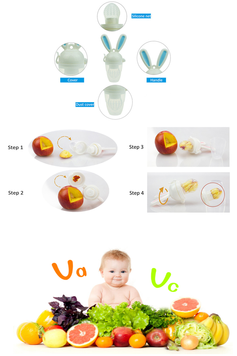 Rabbit Ear Teething Toy Cute Pacifier Silicone Baby Fruit Feeder