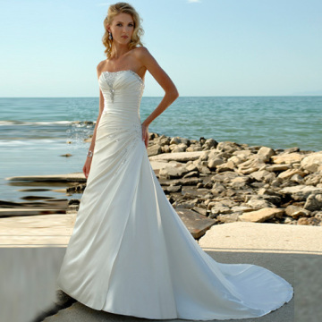 A Line Strapless Satin Beach Wedding Dresses With Beaded Details?