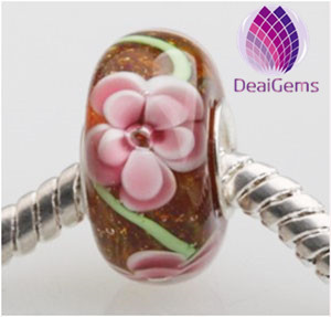 Lampworked glass and silver-plated brass big hole glass bead