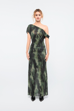 Dark Green Marble Dress with Off-Shoulder Design