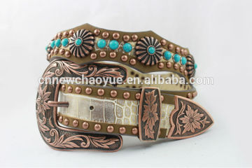 Wholesale Best Seller Western Scallop rhinestone turquoise concho leather belt