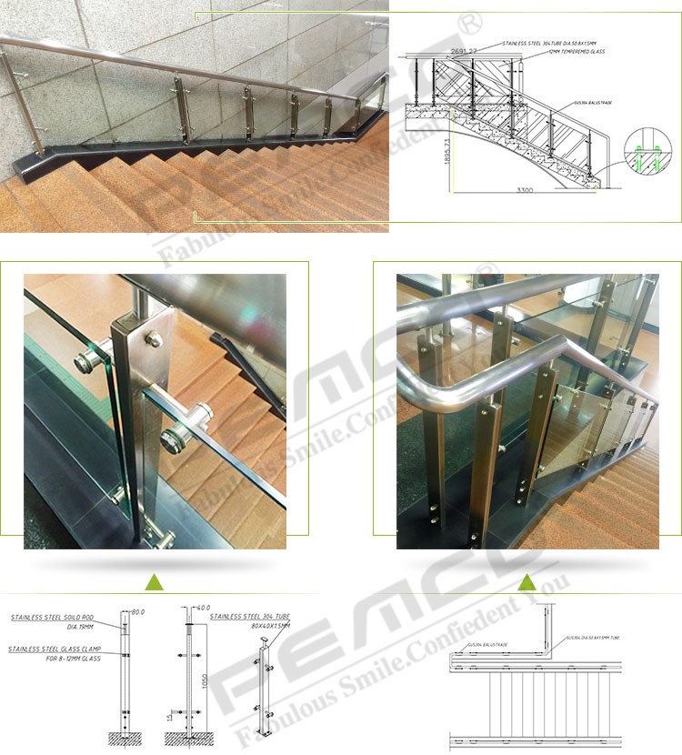 PEMCO Project Modern Design 304 stainless steel Model Interior Stair Tempered glass railing