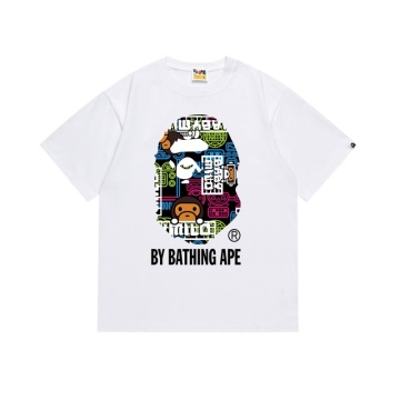 Trendy Loose White Bape T-Shirt with Printed Letter Design for Men