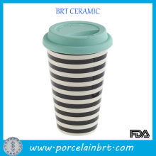 White and Black Stripe Ceramic Travel Cup With Silicone Lid