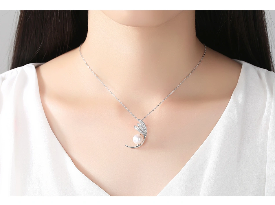 Charm CZ Feather Shape Sterling Silver Pretty Freshwater Pearl Pendant Necklaces