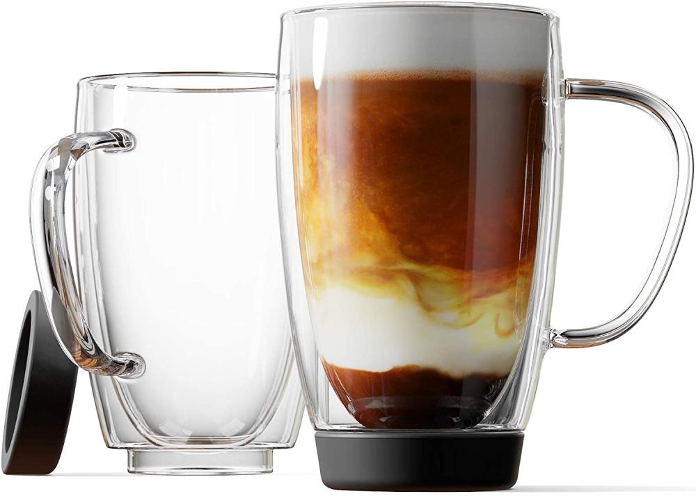 Double Walled Insulated Glass Coffee Mugs, Silicon Base, Non slip for Espresso, Latte, Cappuccino, Thermo Glassware