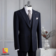 Business Evening Wear Navy Blue Fine Check Suit