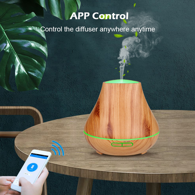 400ml Ultrasonic Wood Grain Wifi Volcanic Crater Aroma Essential Oil Diffuser 8