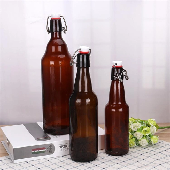 Factory Custom Design Amber Glass Beer Bottle with Rotating Metal Lid