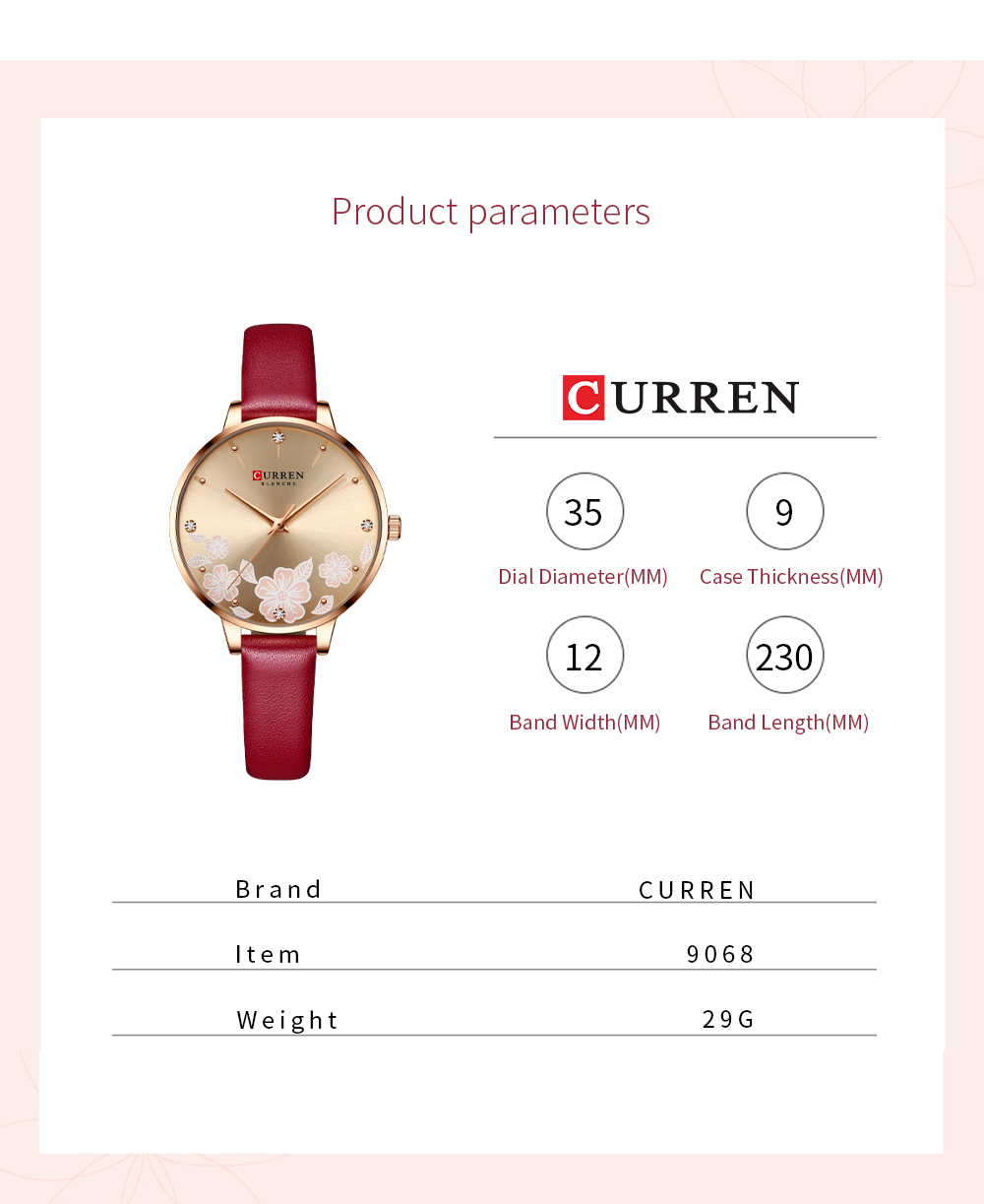 Curren 9068 Fashion Leather Womens Quartz Watches Flower Waterproof Watch Curren Women