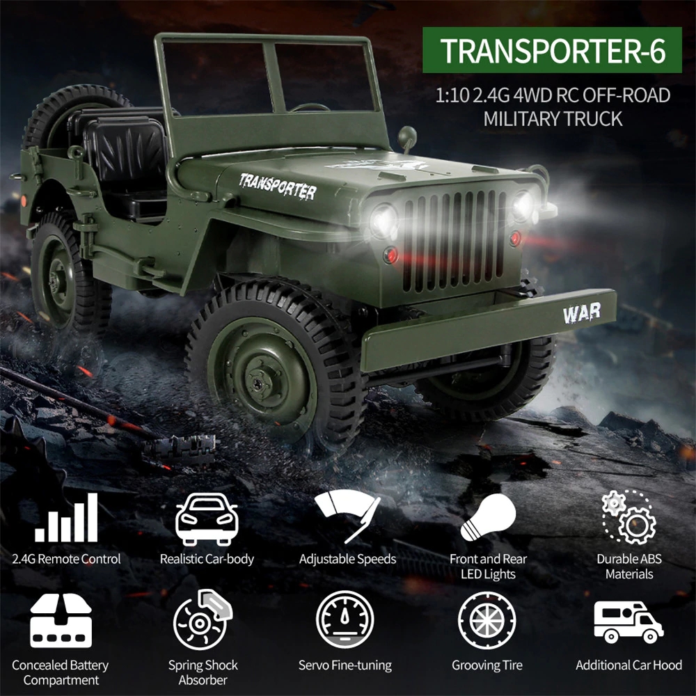 JJRC Q65 1:10 RC Car 2.4G 4WD Convertible Remote Control Light Jeep Four-Wheel Drive Off-Road Military Climbing Car Toy Kid Gift
