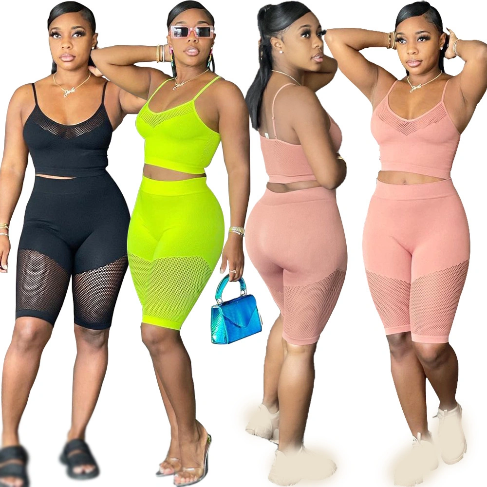 2021 Summer Sexy Women Sports 2 Piece Set Sling Tank Top Mesh Patchwork Women Two Piece Short Set