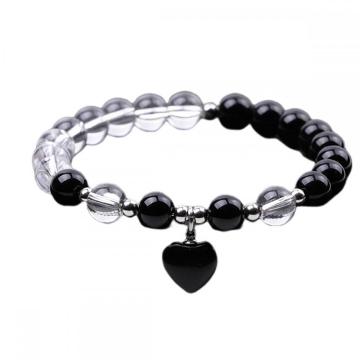 Natural Stone Quartz Round Beads With Heart Charm Stretch Bracelet Gemstone Chakra Healing Quartz Elastic Bracelet for Women Men