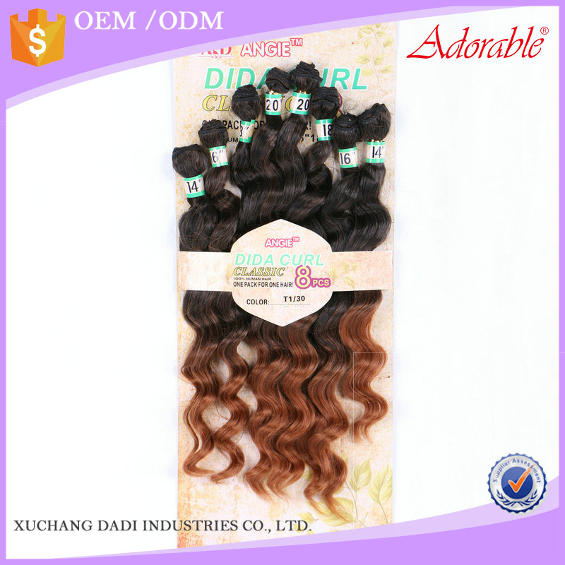 Adorable cheap premium fiber dida curly 8pcs hair weave,Angie mixed two tone color synthetic hair extensions for black