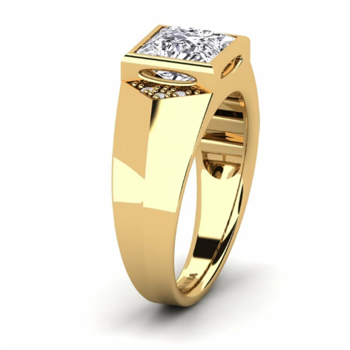 Perfil lateral del anillo para hombre FLR-148 que muestra el centro cuadrado elevado y la abertura de la galería.