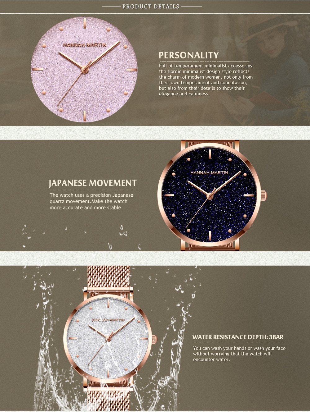 Hannah Martin CC36 Stainless Steel Band Japan Quartz Movement Waterproof Women Full Rose Gold Ladies Luxury Wrist Watch