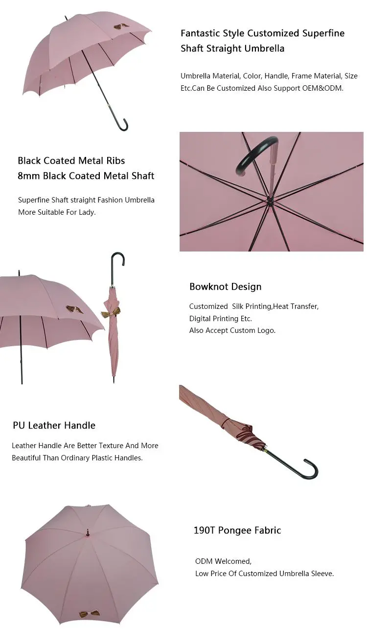 Lovely Pink Good Straight Umbrella Customized Japanese Colorful Gift Umbrella with Bowknot for Ladies