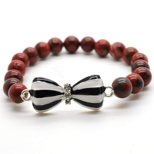 Red Jasper 8MM Round Beads Stretch Gemstone Bracelet with Diamante bow tie Alloy Piece