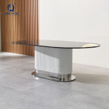 Modern Luxury White and Silver Stainless Steel Dining Set with Natural Marble Table