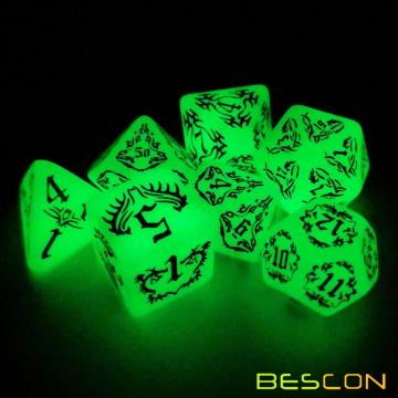 Набор светящихся костей BESCON DARK ELVES (7 предметов), большой размер GLOW IN DARK Резные ролевые игры Набор костей RPG