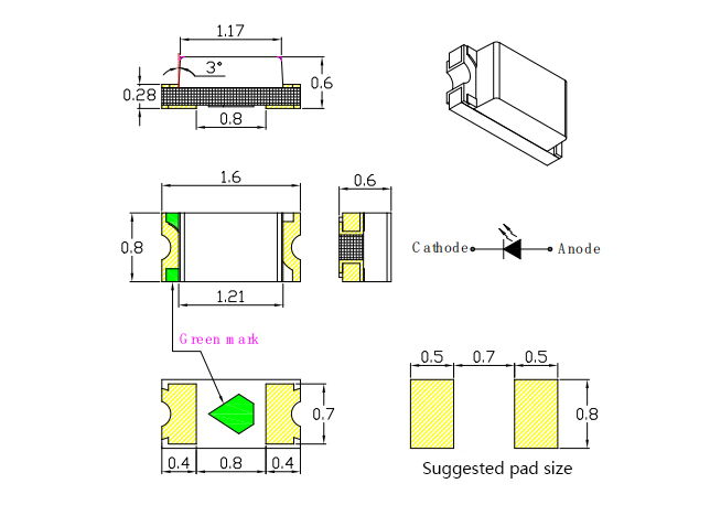 0603 SMD LED Size 1.6X0.8X0.6mm