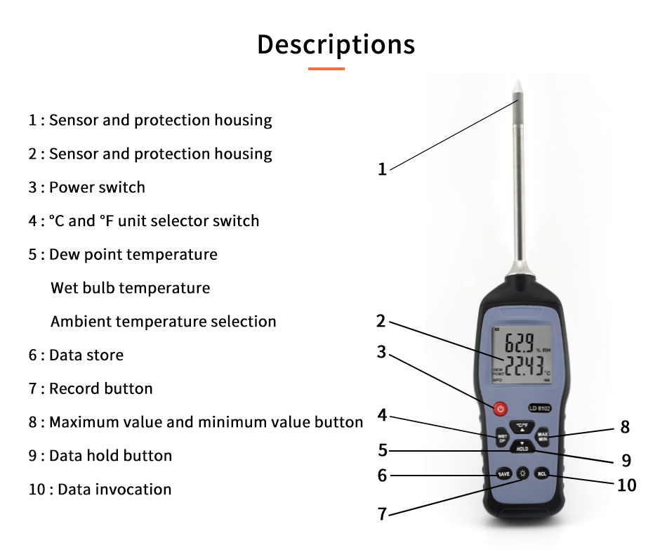 Digital thermo-hygrometer Temperature and Humidity Meter with Dew Point and Wet Bulb humidity sensor