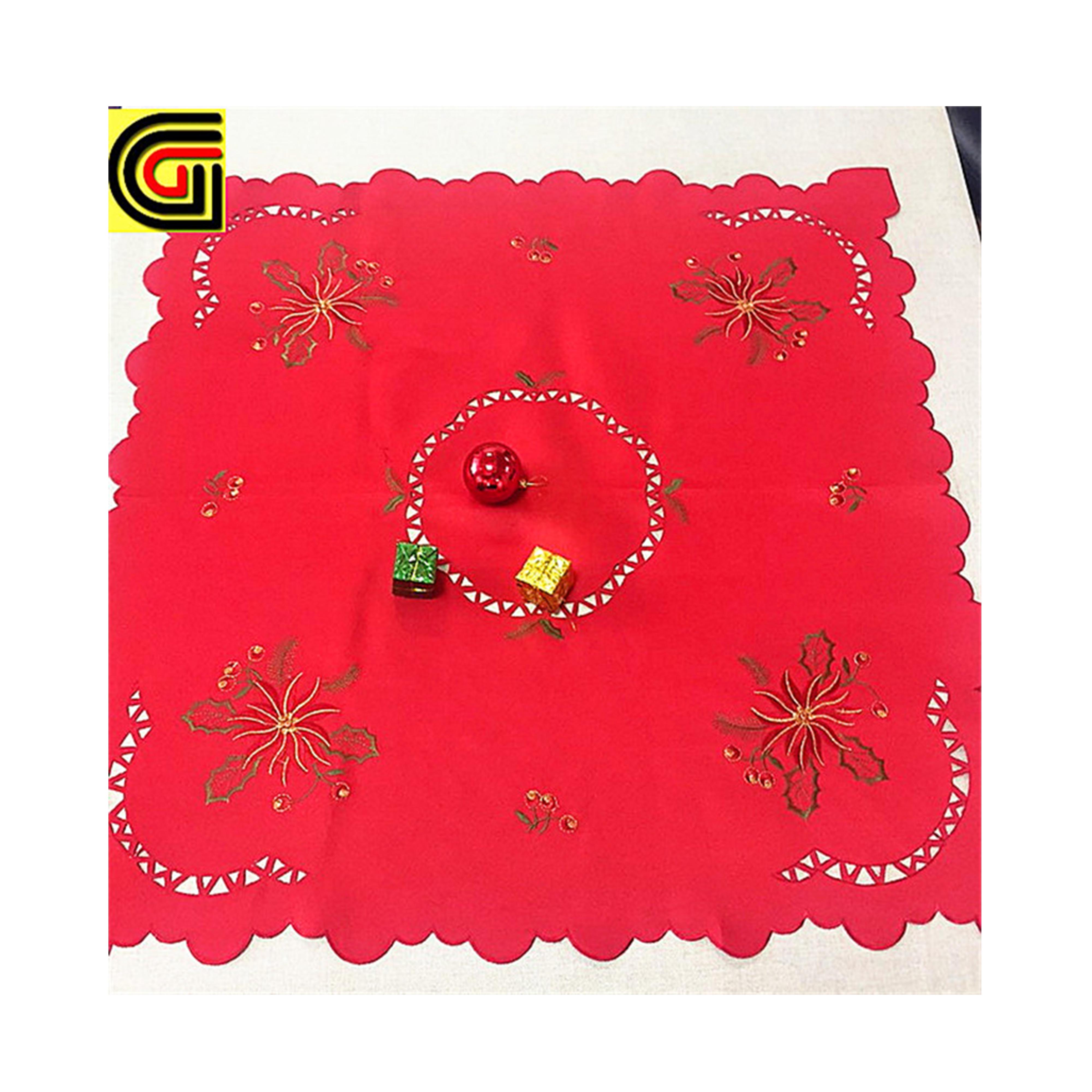 Beautiful Red Embroidery cutwork designs Tablecloth with pinecone and berries for Christmas