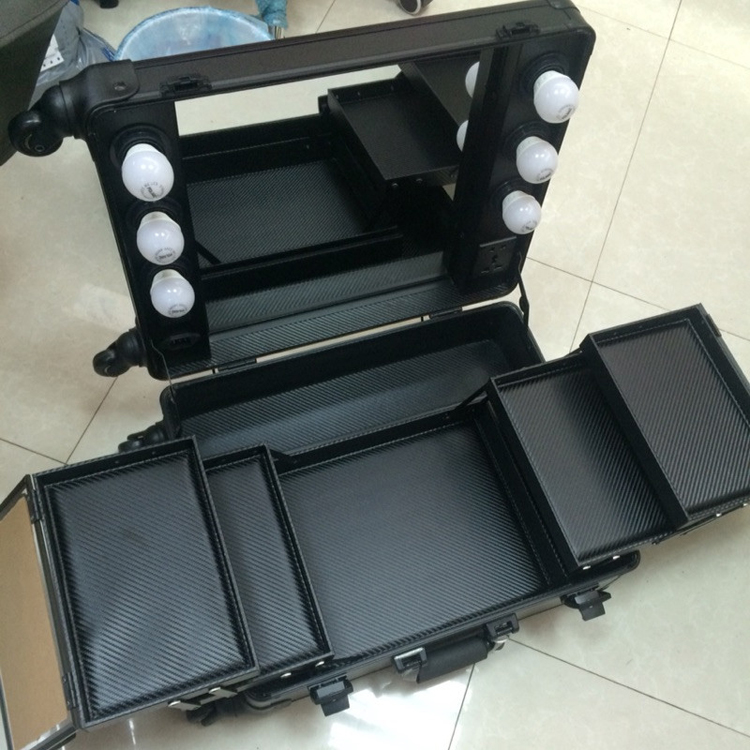 Aluminum Lighted Makeup Case With Legs, Wheels & Multi-Media Makeup Studio Case with LED Lights & Stand