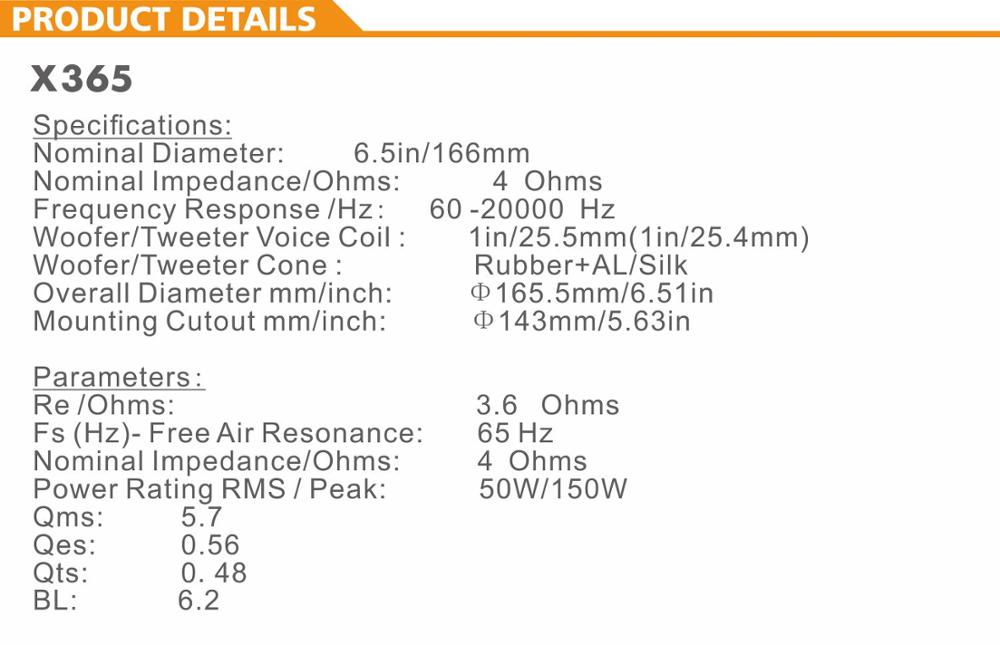 X365 6.5'' ส่วนประกอบลำโพง 6.5'' ครอสโอเวอร์ 2 ทางที่มีคุณภาพดีเยี่ยมลำโพงส่วนประกอบระดับมืออาชีพ