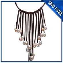 AA 11-14mm China hot selling Baroque pearl color leather neckalce PN096