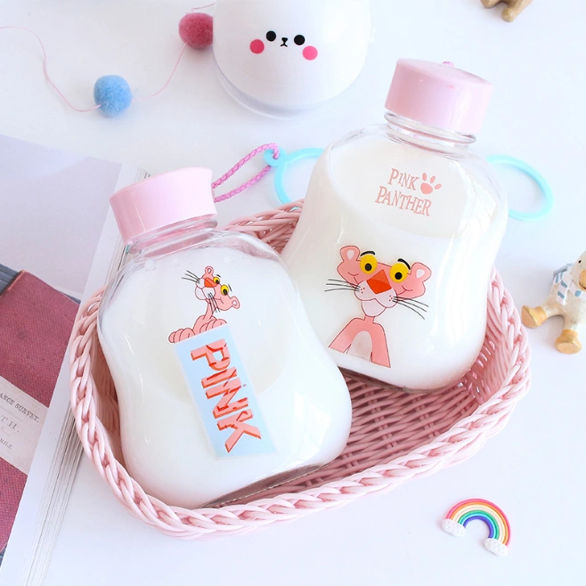 High Quality Hot Selling Various Styles and Cute Cartoon Pattern Glass Water Milk Juice Bottle with Plastic Lid