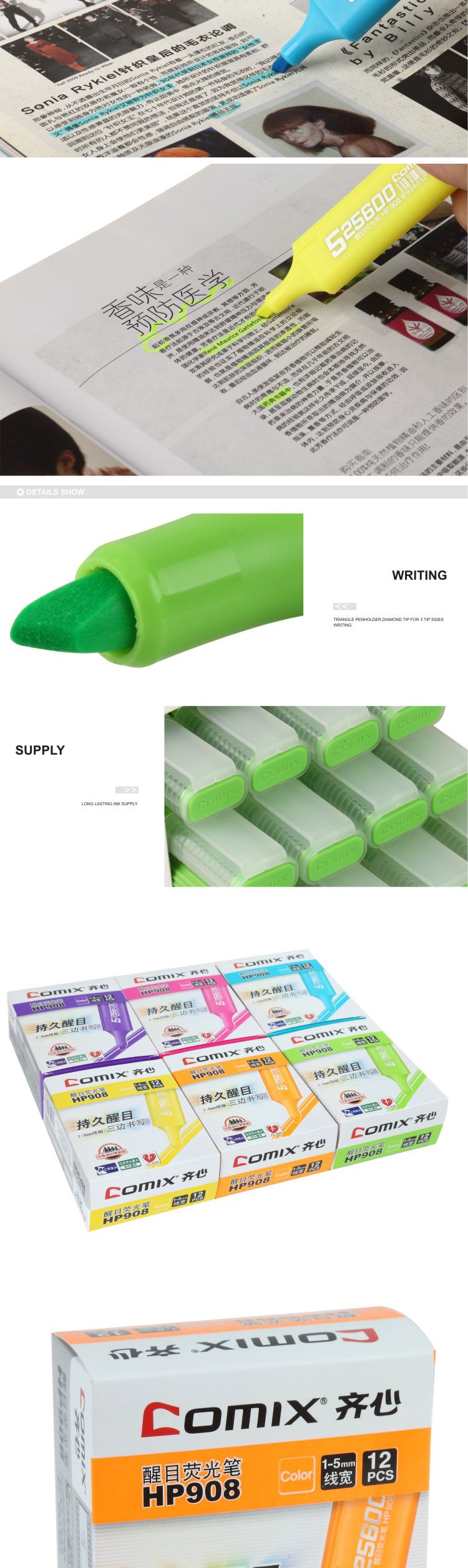 Vibrant colors clear plastic 6 Color Highlighter Pen