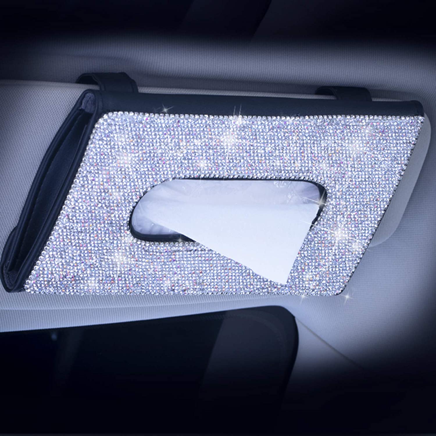 Bling Bling Car Sun Visor Tissue Box Holder Crystal Sparkling Napkin Holder PU Leather Backseat Tissue Case Car Accessories