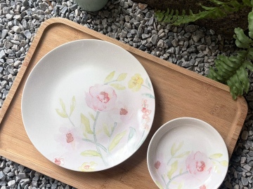 Porcelain rendered coffee cups, plates, bread plates