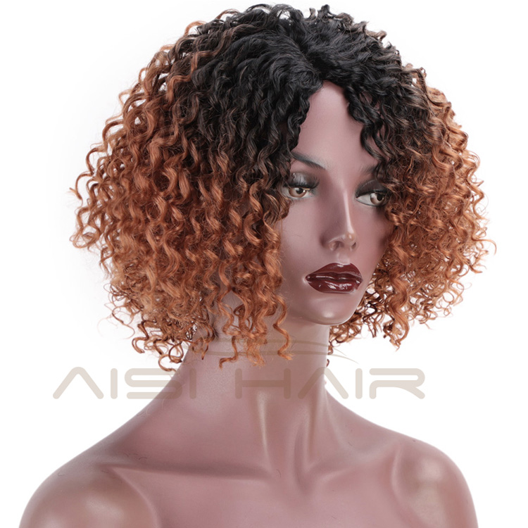 Aisi Hair Ombre Brown Kinky Curly Short Wigs Heat Resistant Synthetic Fiber Afro Curly Short Bob Wigs for Women