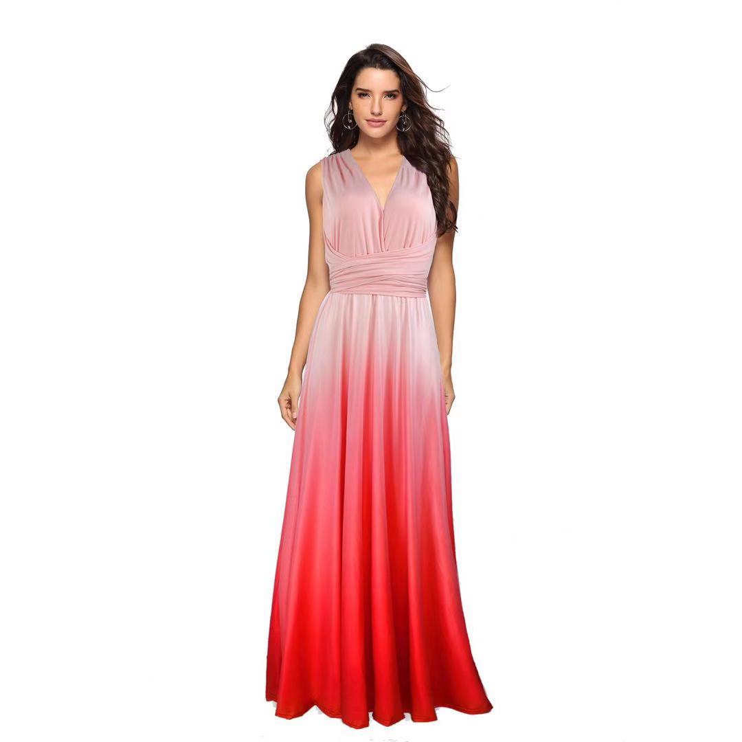 Hot sale sexy backless gradient color long gown dress for ladies elegant V-neck vestido de noche evening dress