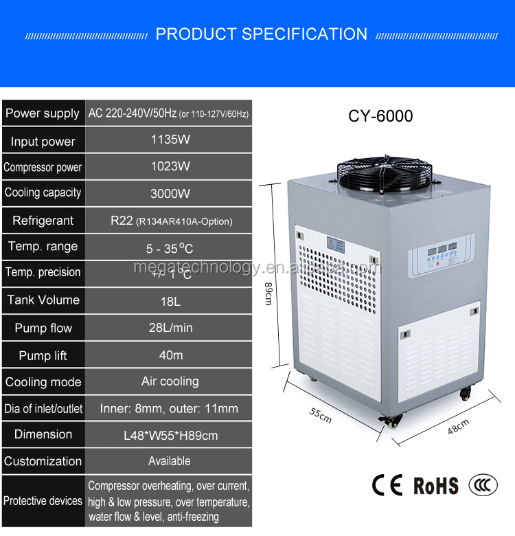 MEGA CW6000 1HP water chiller aquarium 3000W High efficiency cooling industrial air cooled water chiller